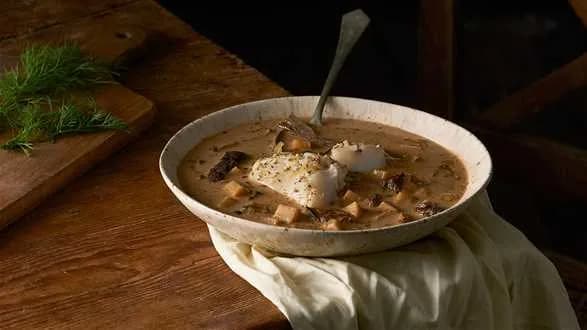 Grzybowa zupa z podgrzybków z pieczonym dorszem