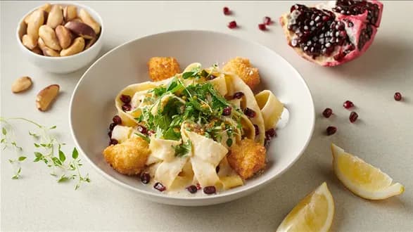 Papardelle w sosie velouté na bazie napoju Freeway z popsami z dorsza